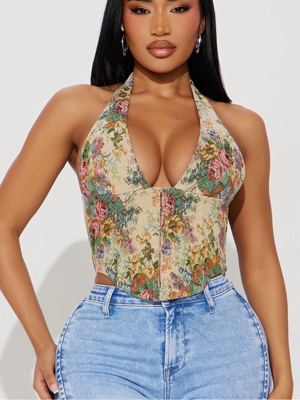 Fashion Nova Size XL Fiora Jacquard Tapestry Plunge Halter Tank Top NWT